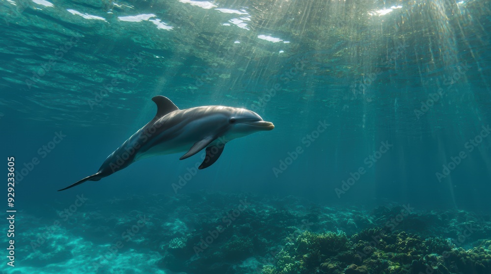 Naklejka premium dolphin swimming in clear blue ocean water