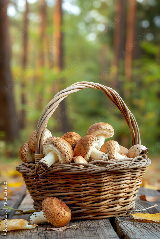 Basket filled with a variety of freshly picked edible mushrooms, placed on a rustic wooden table with a forest background. Basket filled with a variety of freshly picked edible mushrooms, placed on a rustic wooden table with a forest background.