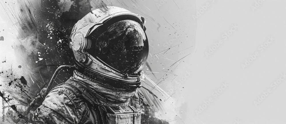 custom made wallpaper toronto digitalA monochromatic image of an astronaut against an abstract cosmic background, blending elements of space exploration and artistic expression.