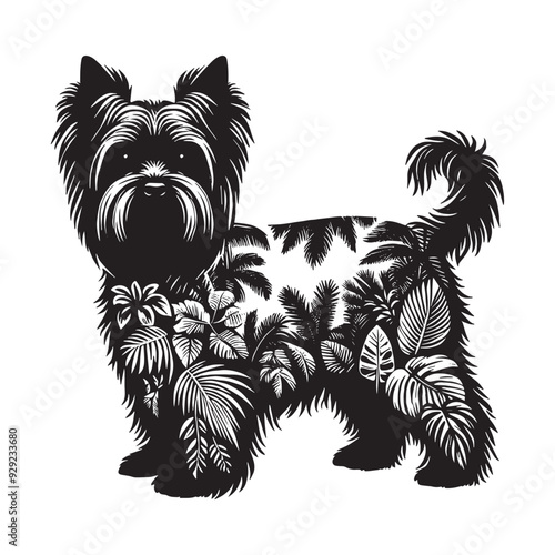 silhouette of Yorkshire Terrier, filled with tropical plant in the jungle in rough drawing,