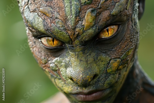 Close-up of a mystical green creature with piercing yellow eyes