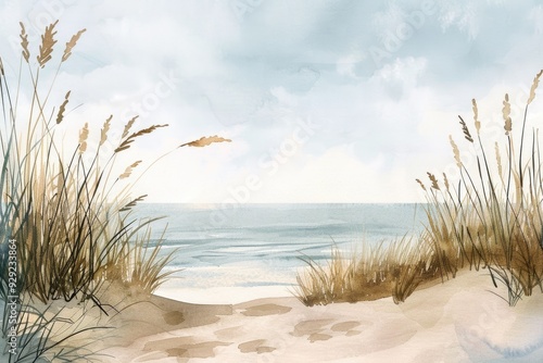 Wallpaper Mural Serene Seaside Landscape. Watercolor Illustration of Coastal Dune and Sea Grass with Relaxing Beach View Torontodigital.ca