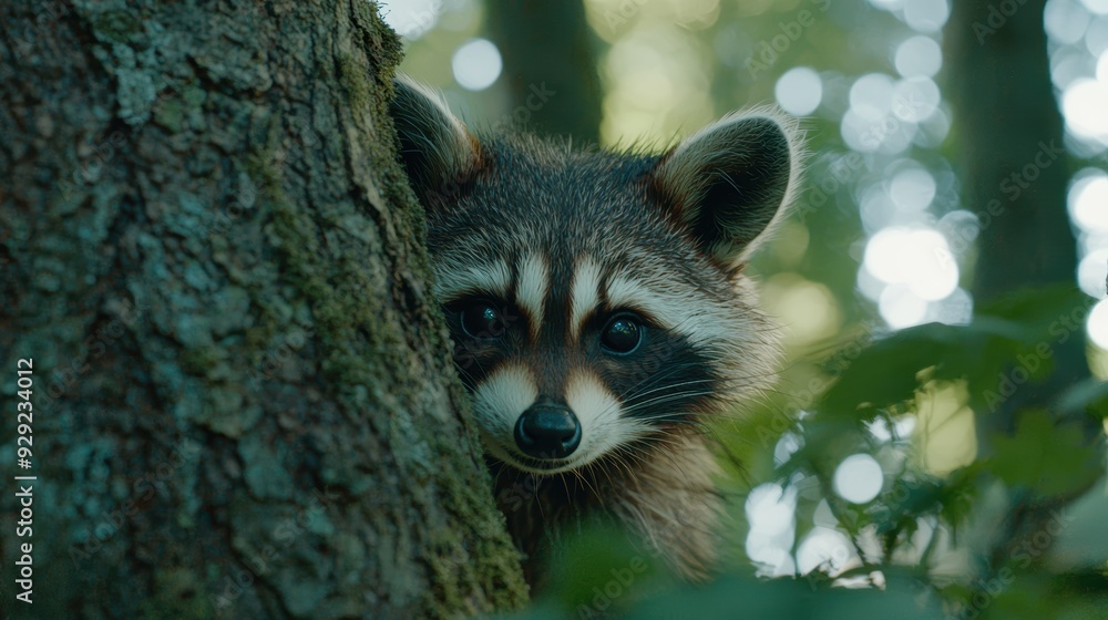 Fototapeta premium Curious raccoon peeking out from behind tree trunk