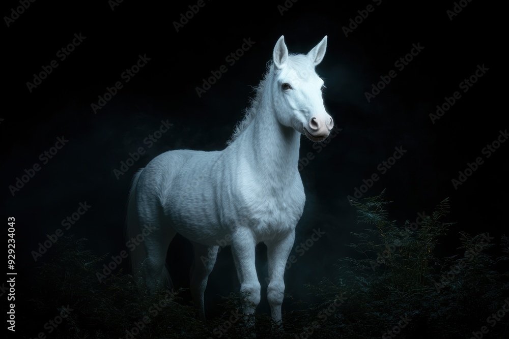 Fototapeta premium Majestic white horse in dark forest