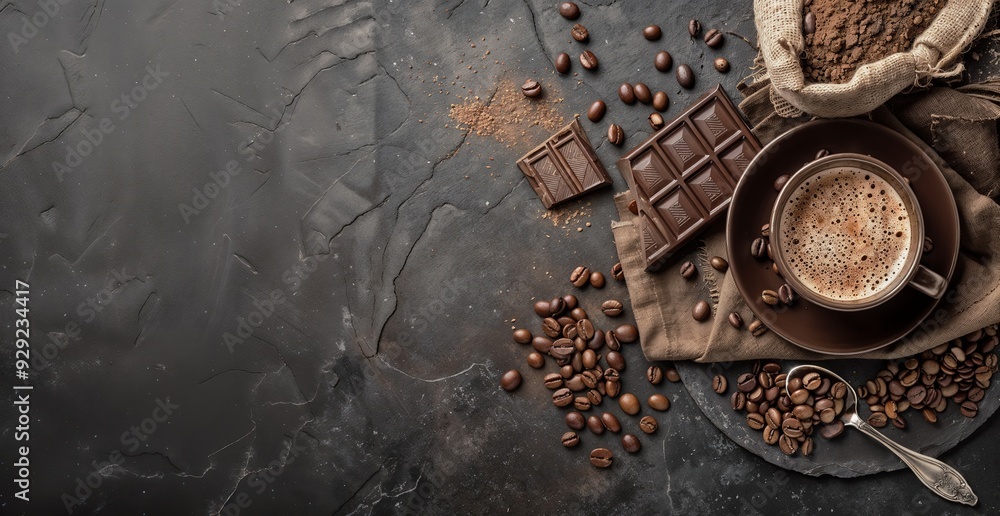 Chocolate bars and coffee beans scattered on a dark stone background, offering a rich and luxurious visual contrast.
