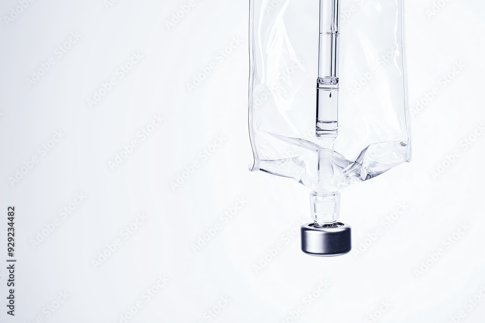 A clear intravenous (IV) bag hanging against a white background. The IV bag is connected to a needle, ready for medical use. A clear intravenous (IV) bag hanging against a white background. The IV bag is connected to a needle, ready for medical use.
