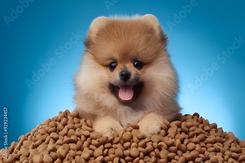 A cute Pomeranian dog sitting comfortably in a heap of dog food, exuding joy and fluffiness in a colorful setting. photo