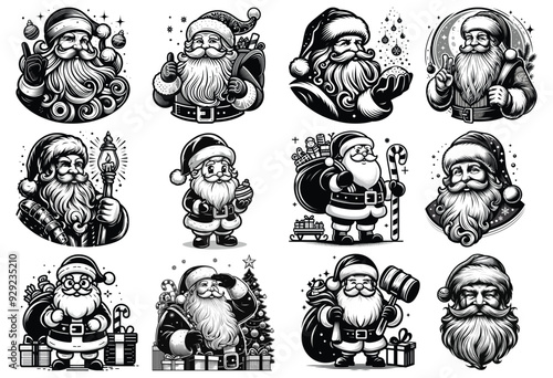 Set of Vintage Santa Claus illustrations in black and white on white background, Christmas decorations