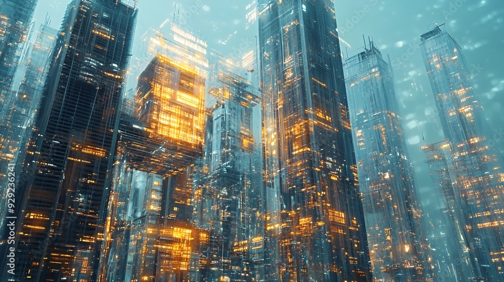A futuristic cityscape featuring towering skyscrapers illuminated by glowing lights. A futuristic cityscape featuring towering skyscrapers illuminated by glowing lights.