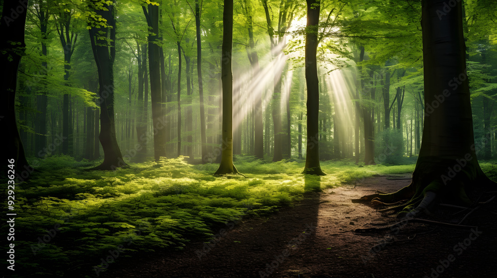 Obraz premium light shining into the green woods