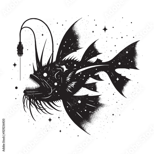 silhouette of Anglerfish filled with space and sci-fi element in rough drawing