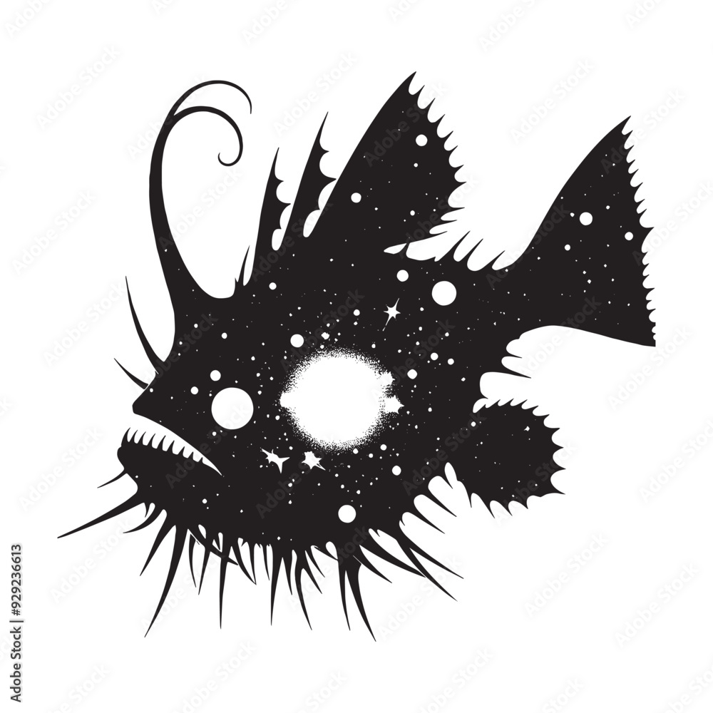 silhouette of Anglerfish filled with space and sci-fi element in rough drawing silhouette of Anglerfish filled with space and sci-fi element in rough drawing