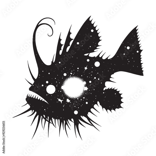 silhouette of Anglerfish filled with space and sci-fi element in rough drawing