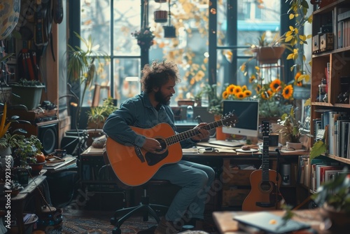 A musician playing guitar in a cozy, plant-filled room with sunflowers and a computer, capturing a peaceful afternoon vibe