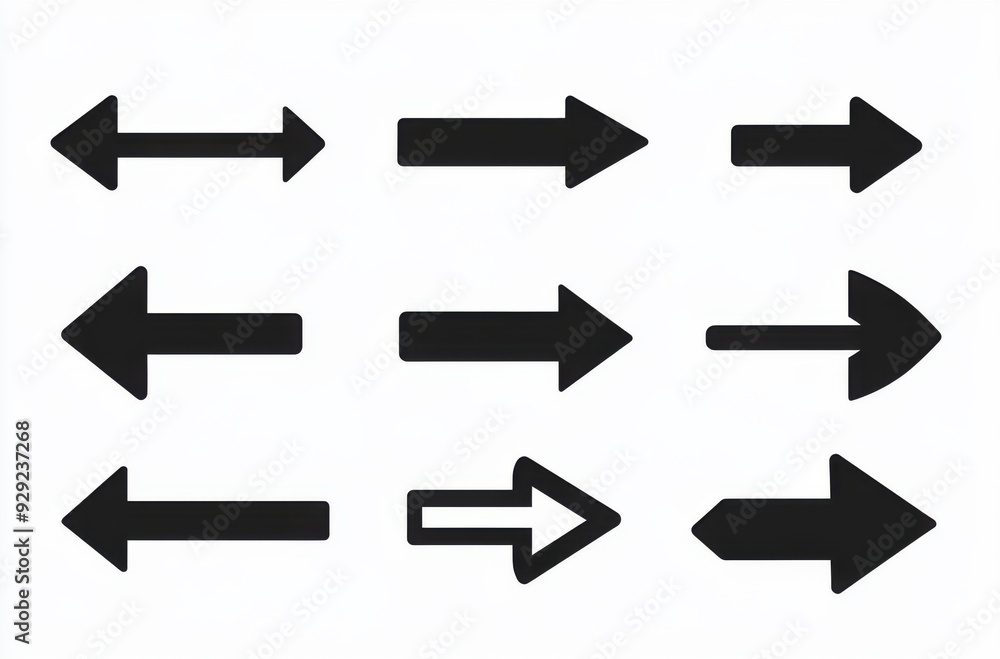 Vector black arrow signs set on a white background, vector illustration. Simple and clean flat design style with solid colors. Vector black arrow signs set on a white background, vector illustration. Simple and clean flat design style with solid colors.