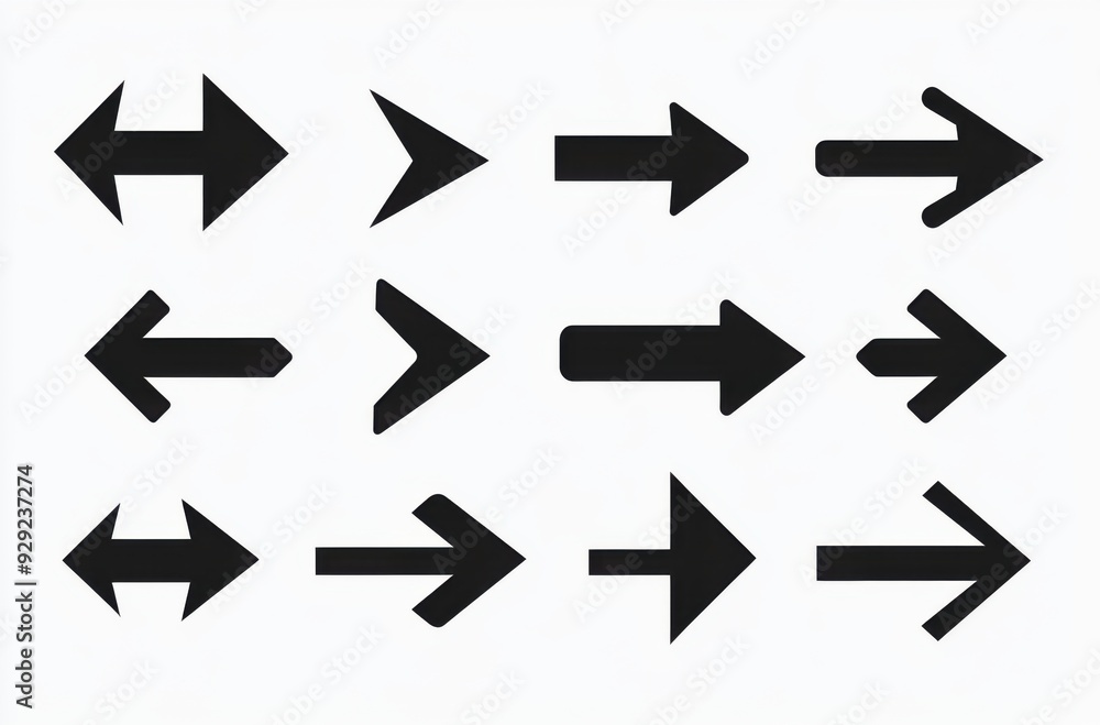 Set of black arrows on a white background, simple shapes, vector illustration, flat design style, no shadows, no gradients, simple details, no text in the set, white background. Set of black arrows on a white background, simple shapes, vector illustration, flat design style, no shadows, no gradients, simple details, no text in the set, white background.