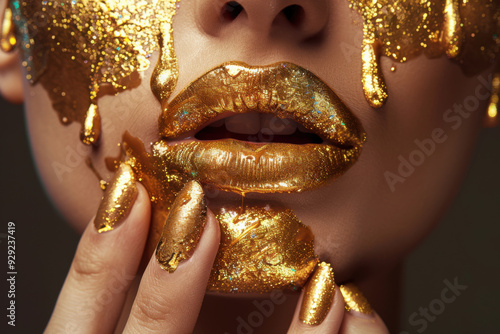 Gold Paint smudges drips from the face lips and nails, lipgloss dripping from sexy lips, golden liquid drops on beautiful model girl's mouth, gold metallic skin make-up. Beauty woman makeup close up.