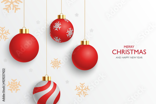 Merry christmas greeting vector design. Christmas balls hanging , shiny and glossy elements in snowflakes pattern elegant background.