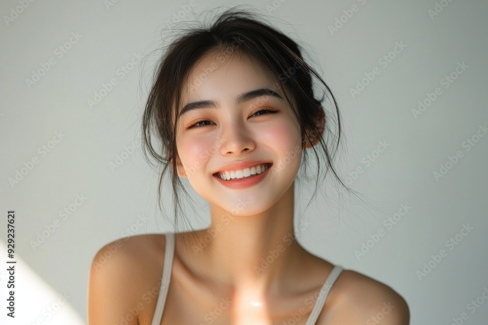 Beautiful young Asian woman smiling and happy created with Generative AI Beautiful young Asian woman smiling and happy created with Generative AI