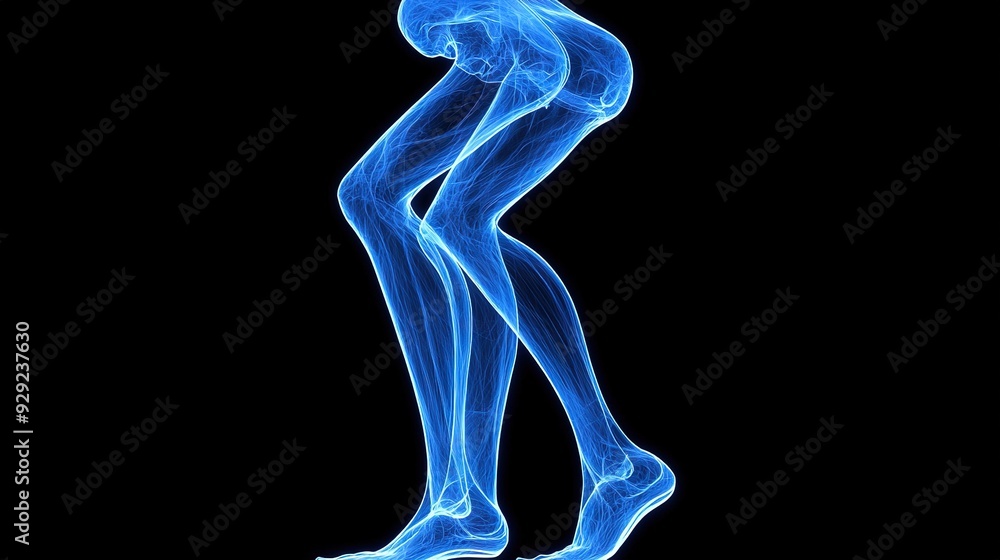 A blue X-ray image of a human body's legs A blue X-ray image of a human body's legs