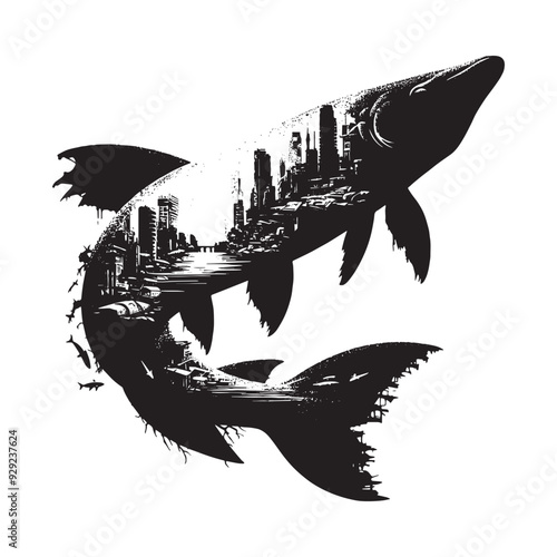 silhouette of Arapaima filled with destroyed futuristic dystopia environment in rough drawing