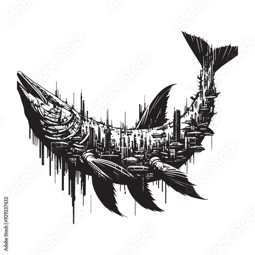 silhouette of Arapaima filled with destroyed futuristic dystopia environment in rough drawing