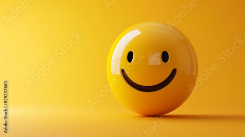 A smiling face emoticon with happiness smiling eyes on yellow background - copy space, 3d render