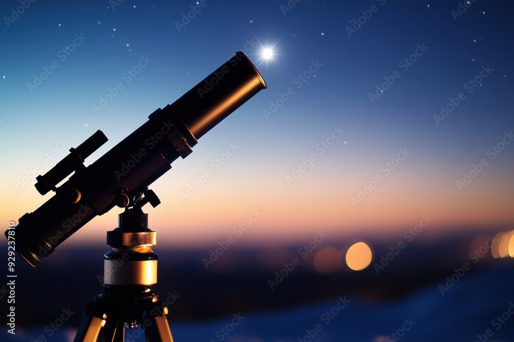 A telescope set against a twilight sky, capturing the beauty of distant stars and planets with a peaceful, cosmic ambiance. A telescope set against a twilight sky, capturing the beauty of distant stars and planets with a peaceful, cosmic ambiance.