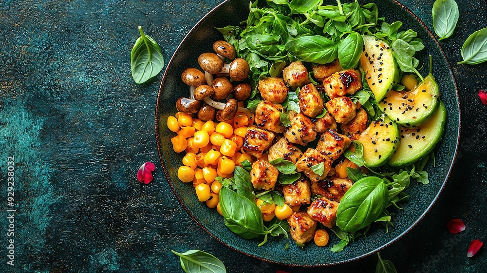 A salad bowl with chicken, avocado, tomatoes, and spinach on a blue tablecloth A salad bowl with chicken, avocado, tomatoes, and spinach on a blue tablecloth