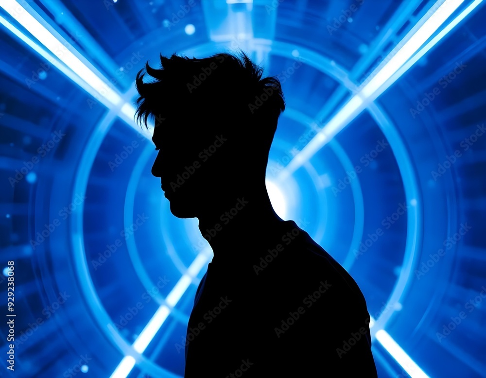 A silhouetted male figure of Asian descent standing in a futuristic, glowing blue tunnel, with swirling lights and particles that create a sense of depth and movement in the background create with ai A silhouetted male figure of Asian descent standing in a futuristic, glowing blue tunnel, with swirling lights and particles that create a sense of depth and movement in the background create with ai