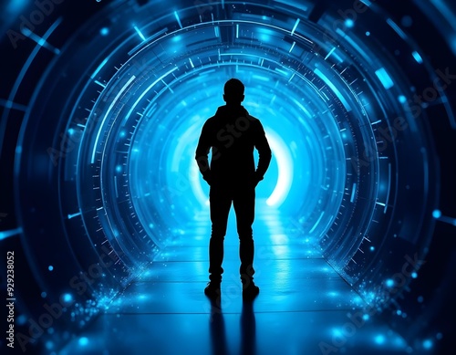 A silhouetted figure standing in a futuristic, glowing blue tunnel with swirling lights and particles, creating a sense of depth and movement create with ai