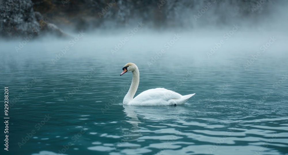 Fototapeta premium Serene swan floating on misty lake