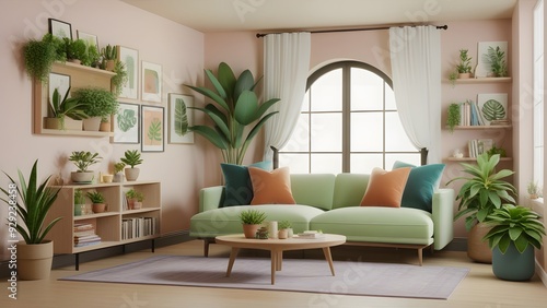 Interior of living room with green sofa. 3D render.