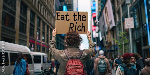 street protest, activist holding sign "Eat the Rich" text 