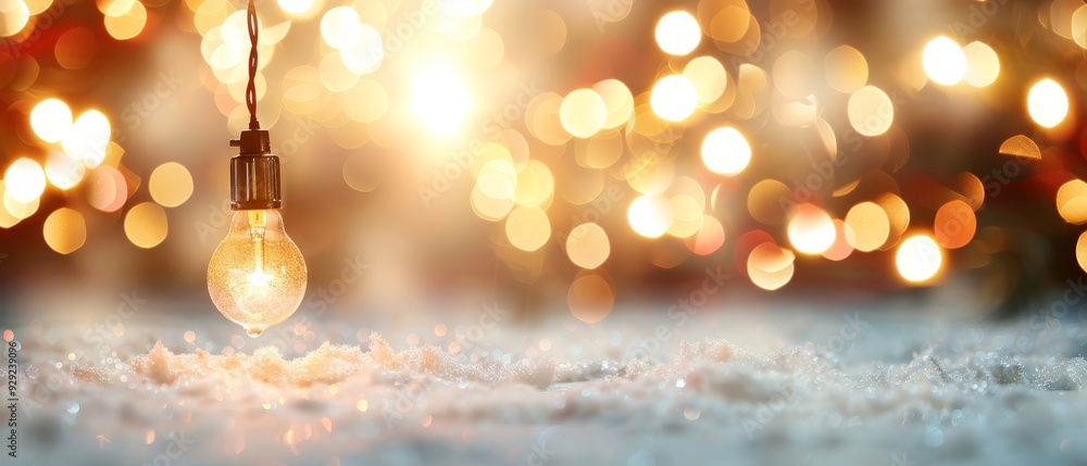 A light bulb suspended from a string against a backdrop of softly focused holiday lights and snow A light bulb suspended from a string against a backdrop of softly focused holiday lights and snow