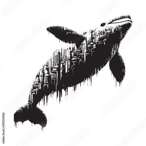 silhouette of Beluga filled with destroyed futuristic dystopia environment in rough drawing