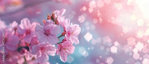  A tight shot of pink blossoms on a branch against a blue backdrop, with a soft focus of pink flowers in the foreground