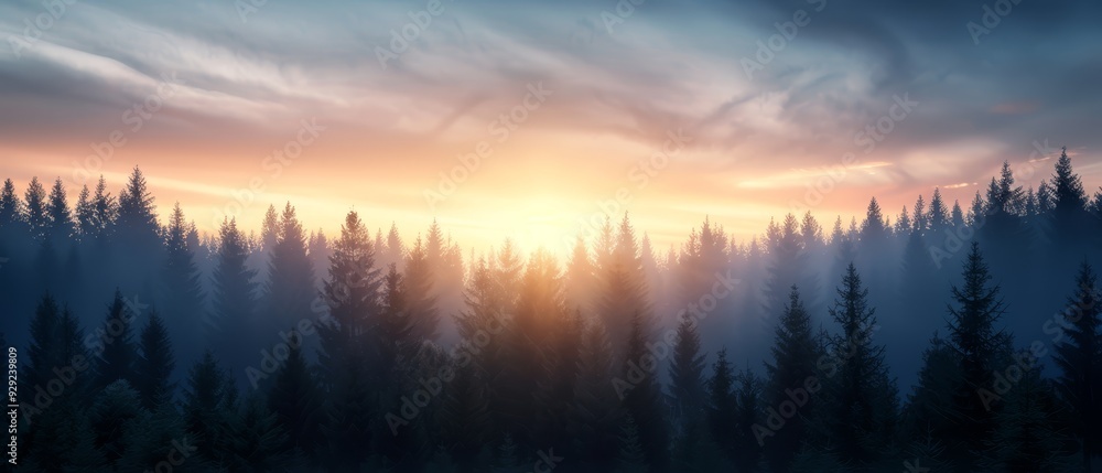 Fototapeta premium A forest teeming with tall pine trees beneath a cloud-studded sky, the sun sneaking through distant clouds
