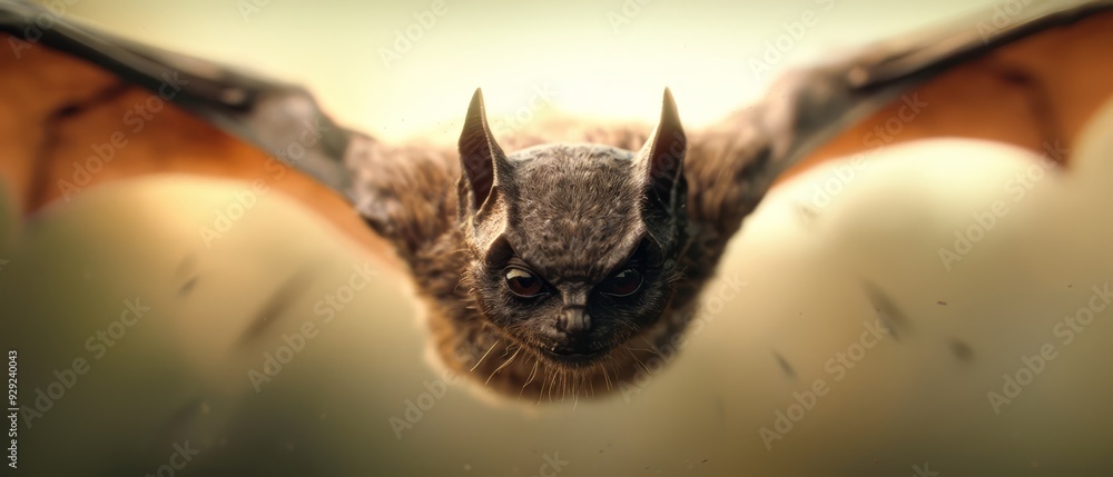 Obraz premium A tight shot of a bat mid-flight, wings fully extended, eyes intensely open