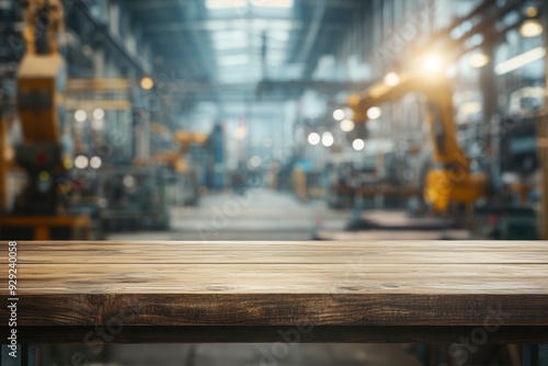 Empty wood table top with blur background of factory with robotic arms. with generative ai