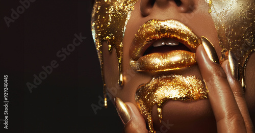 Gold Paint smudges drips from the face lips and nails, lipgloss dripping from sexy lips, golden liquid drops on beautiful model girl's mouth, gold metallic skin make-up. Beauty woman makeup close up.