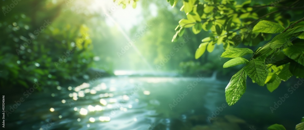 Through the forest, a tree's leaves gleam as the sun shines, casting light on a serene river and its flowing stream Through the forest, a tree's leaves gleam as the sun shines, casting light on a serene river and its flowing stream