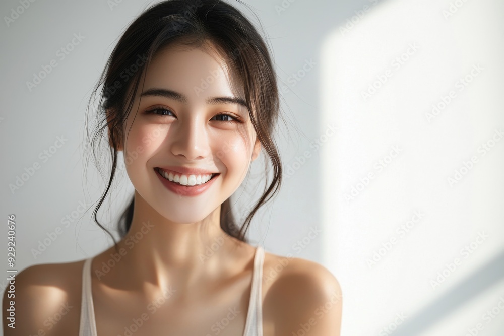 Beautiful young Asian woman smiling and happy created with Generative AI Beautiful young Asian woman smiling and happy created with Generative AI