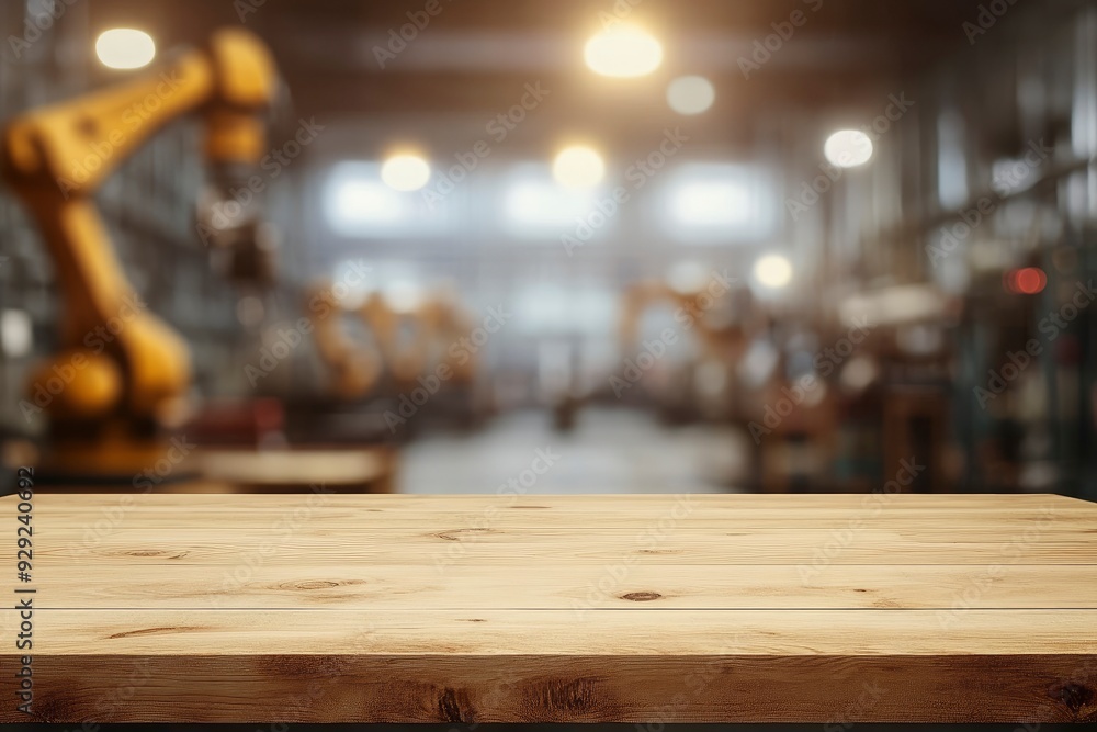 Empty wood table top with blur background of factory with robotic arms. with generative ai Empty wood table top with blur background of factory with robotic arms. with generative ai