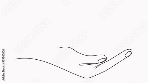 Animated hand hold leaves branch continuous line drawing. Plant in human arm one line art.