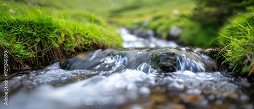  A winding stream runs through a verdant forest, teeming with abundant green grass Water cascades down the side of a lush green hillside