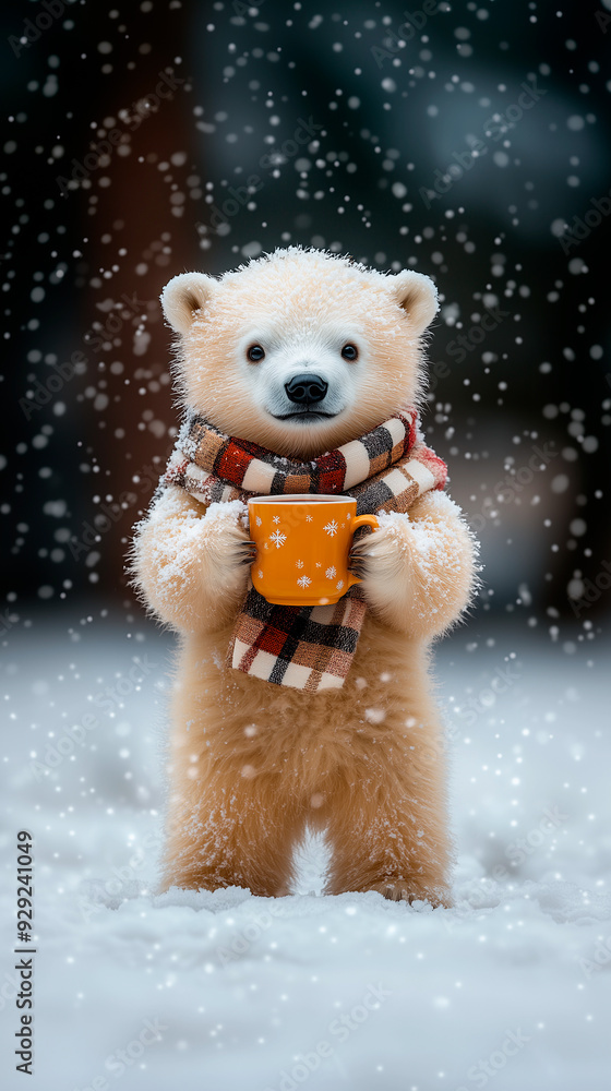 a small polar bear wearing a scarf and holding a yellow mug of hot drink in the snow during the winter season and cold a small polar bear wearing a scarf and holding a yellow mug of hot drink in the snow during the winter season and cold