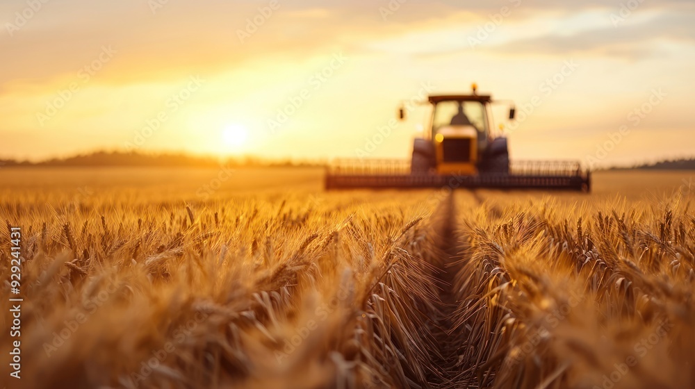 Fototapeta premium Golden fields illuminated by sunset, with a tractor harvesting wheat. A picturesque scene of agriculture in action.