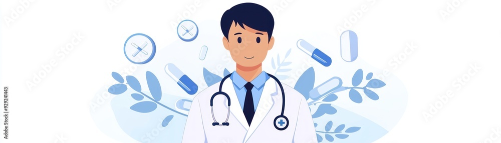 Illustration of a confident doctor in a white coat with a stethoscope, representing healthcare and medical professionalism. Illustration of a confident doctor in a white coat with a stethoscope, representing healthcare and medical professionalism.