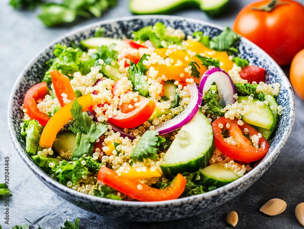 Healthy Quinoa Salad Bowl with Fresh Tomatoes, Cucumbers, Onions and Parsley on Rustic Wooden Table – Nutritious Vegan Meal Option. Healthy Quinoa Salad Bowl with Fresh Tomatoes, Cucumbers, Onions and Parsley on Rustic Wooden Table – Nutritious Vegan Meal Option.